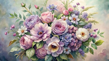 Vintage Watercolor Floral Bouquet - Grey, Purple & Violet Hues - Soft Hand-Drawn Style