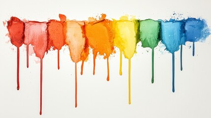 Fototapeta premium Colorful watercolor drips in vibrant rainbow hues forming a visually striking artistic background on a white canvas