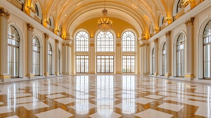 Obraz premium Grand ballroom with high ceilings, arched windows, marble floor, and gold accents.