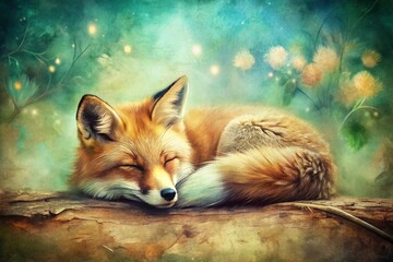Vintage Watercolor Sleeping Fox, Cute Wildlife Animal Art, Nature Background