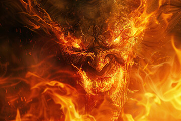 Scary sinister devil is in hell with dramatic bright fire lighting, abstract vivid composition consists of fictional unreal fantastic vision on background