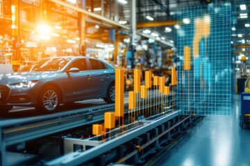 Fototapeta premium Advanced Automotive Manufacturing with Digital Graph Representation in Modern Industrial Factory Setting Showcasing High-Tech Production and Data Visualization