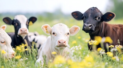 Obraz premium Curious Dairy Cows Grazing in Lush Pasture Among Wildflowers with Blue Sky Horizon : Generative AI