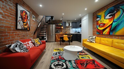 Modern Loft Apartment Decorated With Vibrant Artwork And Furniture