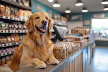 A golden retriever is sitting on a counter in a pet store