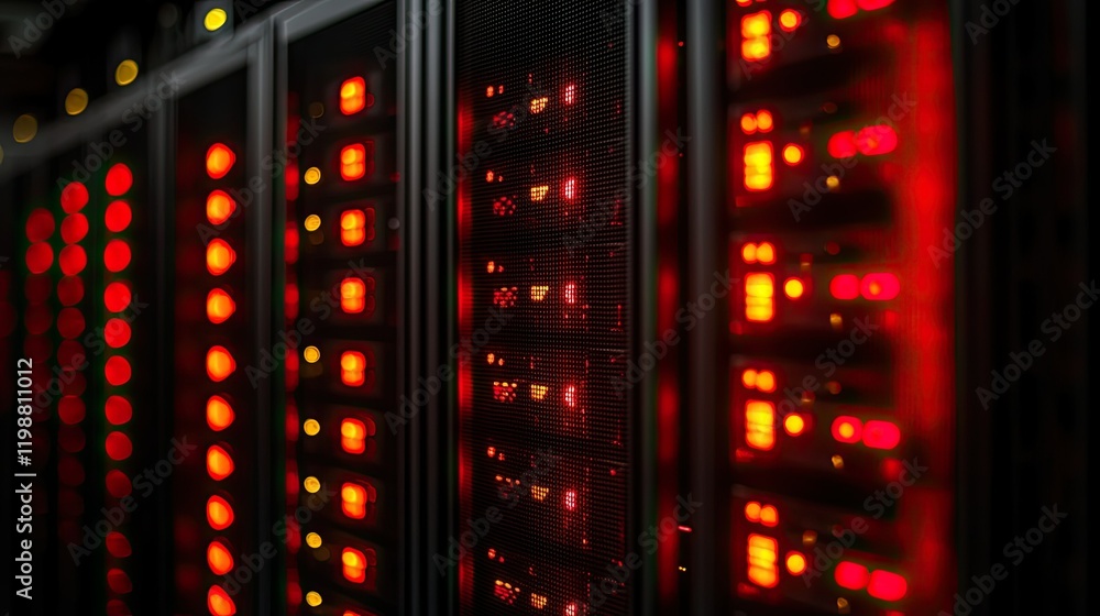 Poster illuminated server racks displaying data center activity