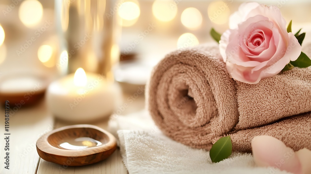 Poster luxurious spa setting with rolled towel candle and pink rose : generative ai