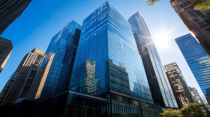 Modern glass skyscrapers reflecting sunlight on a clear day.