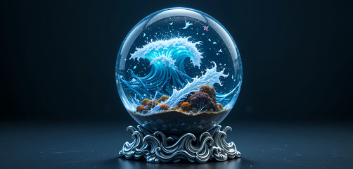 mystical orb on silver base with luminescent sea creatures
