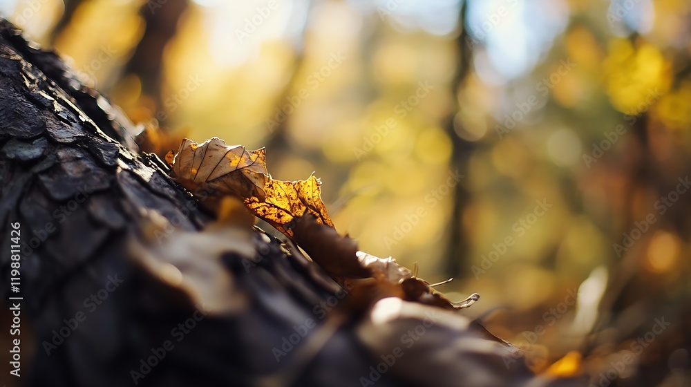 Aufkleber close-up of fallen autumn leaves on tree bark amidst golden forest glow : generative ai