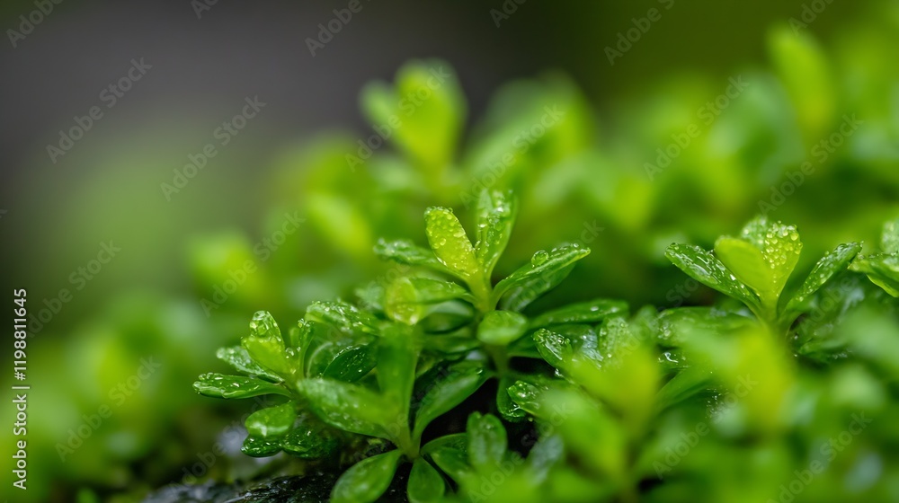 Aufkleber Macro Shot of Dew Covered Green Leaves Creating Fresh and Lush Natural Texture : Generative AI