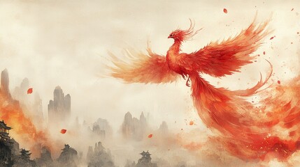 Crimson Phoenix Ascending: A Watercolor Fantasy Landscape