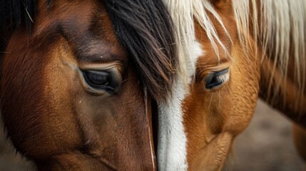 Close-up of two horses' heads gently touching in natural light