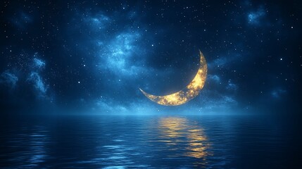Obraz na płótnie Canvas Golden Crescent Moon over Serene Night Sea: A Dreamy Celestial Artwork