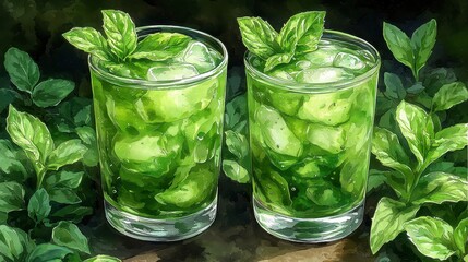 Two glasses of refreshing mint iced drinks with ice cubes and mint leaves.