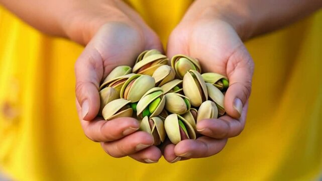 Pistachios in hands. Pistachio is a small green nut, encased in a hard shell, with a rich, sweet flavor, often used in desserts and cooking. 