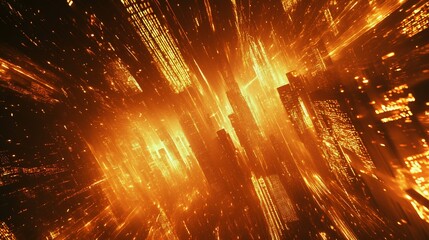 Futuristic city at night, glowing orange skyscrapers, fast motion effect.