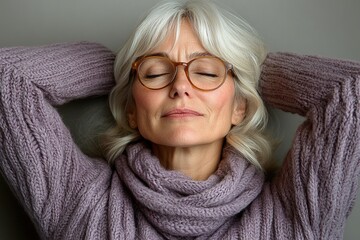 A serene woman with gray hair and glasses, relaxing in a cozy sweater.