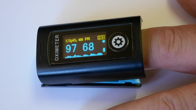Oxymeter device for measuring saturation on the finger. Diagnosis and treatment of respiratory organs. Help with pneumonia and Covid.