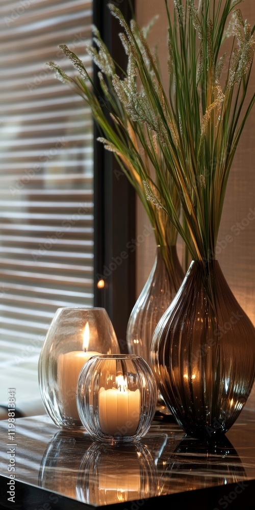 Poster three vases with candles in them are on a table. the vases are of different shapes and sizes