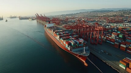 Aerial view of a large container ship at a busy port, docked and surrounded by cranes and containers.
