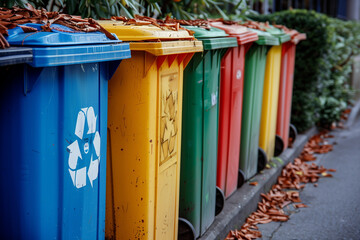 Color-coded recycle bins placed in a public place