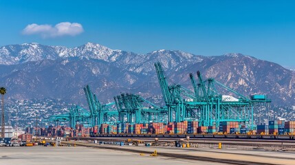 Snowy mountains backdrop to a bustling container port with teal cranes and cargo.