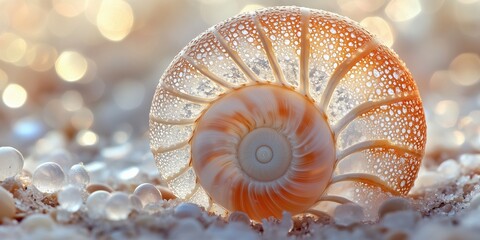 Realistic Photo Nautilus Shell Dewdrops Sand Close-Up