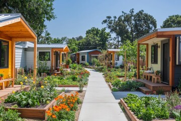 A row of small homes with a garden in front of them