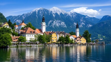 Fototapeta premium Picturesque Austrian Village with Scenic Mountain and Lake Reflection : Generative AI