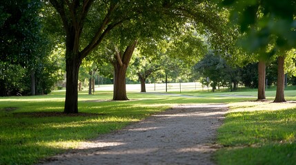 Obraz premium Sunlit Green Park Pathway with Tall Trees Peaceful Retreat : Generative AI