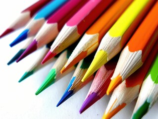Fototapeta premium Vibrant colored pencils neatly arranged on a white background