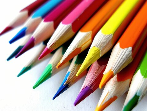 Vibrant colored pencils neatly arranged on a white background