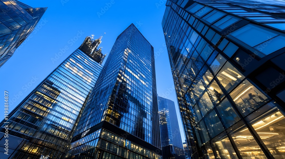Poster dramatic low-angle view of towering skyscrapers reflecting the blue hues of twilight in a bustling u