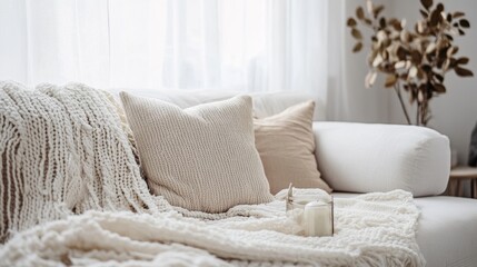 A white couch with a white blanket and pillows on it. A candle is on the blanket