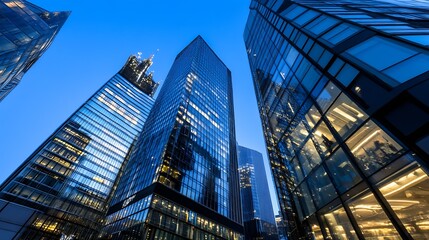 Dramatic low-angle view of towering skyscrapers reflecting the blue hues of twilight in a bustling urban setting : Generative AI