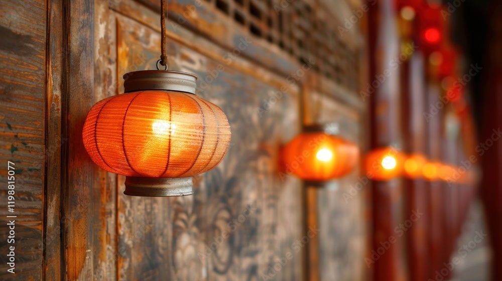 Poster elegant white paper lanterns hanging against bright red background with soft white clouds creating a