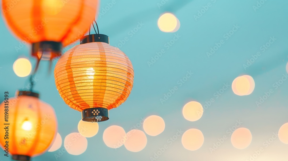 Poster chinese lanterns hanging against a soft blue background with blurry bokeh lights creating a festive 