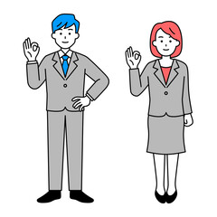 OKサインをするスーツの男女のセット（全身）