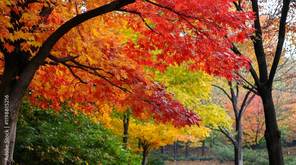 Poster vibrant fall foliage in an autumn forest with red and yellow leaves : generative ai