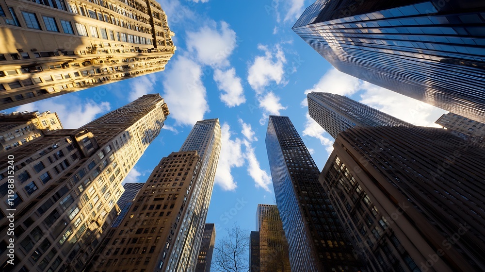 Poster upward view of modern skyscrapers under clear blue sky symbolizing urban development and business po