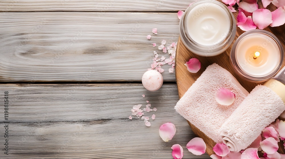 Aufkleber spa composition with candles, towel, and pink rose petals on rustic wooden background creating a ser