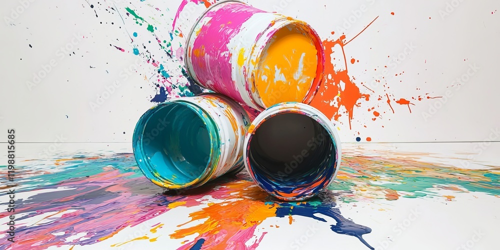 Poster three open paint cans spilling vibrant colors, creating a dynamic splash on a white surface.