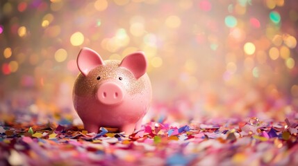 Sparkling Piggy Bank on Colorful Confetti Background