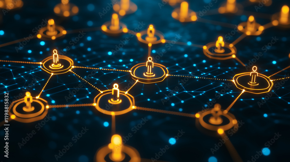 Poster global network connection: abstract digital illustration depicting a network of interconnected glowi