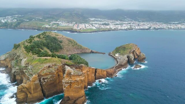 4k Aerial shot of Vila Franca do Campo volcanic island in atlantic ocean, San Miguel, Azores, Portugal. footage Drone flying over volcanic islet
