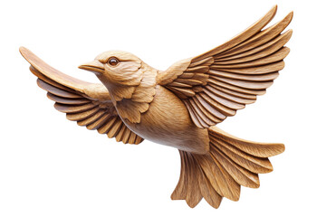 Wooden sculpture of a bird in flight with detailed wings and beak capturing nature's beauty