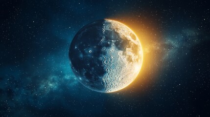 Celestial Half Moon in Space Night Sky Starry Background Cosmic Art