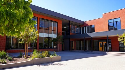 Modern Red Brick School Building with Large Windows and Lush Green Landscape : Generative AI