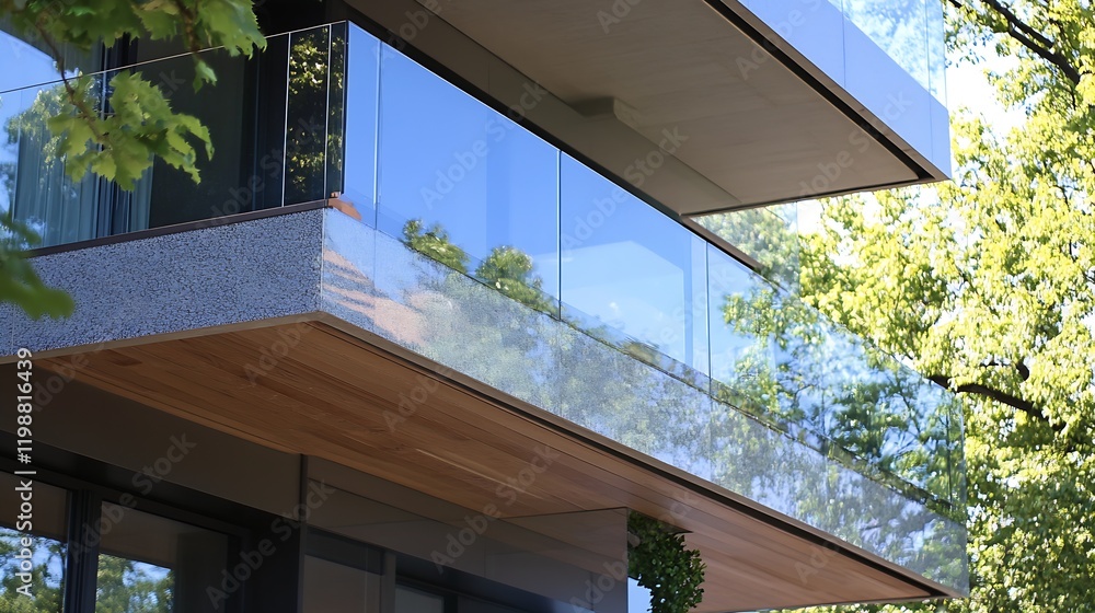 Poster modern minimalist architecture with glass balconies and natural surroundings : generative ai